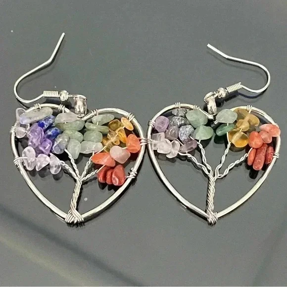 Rainbow Beaded Heart Tree of Life Handmade Stainless Steel Earrings NWT