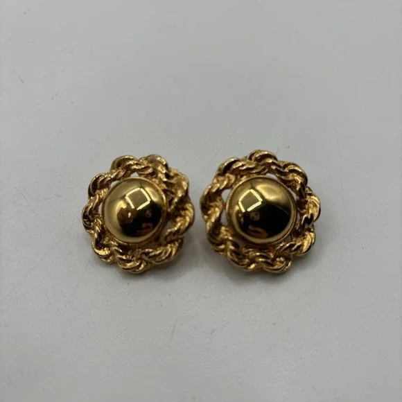 Signed Monet Gold Tone‎ Twisted Rope Comfort Clip On Dome Earrings