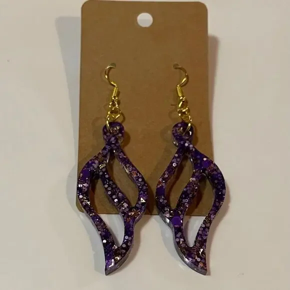 Handmade epoxy resin swirl dangle‎ earrings - super cute purple and gold glitter
