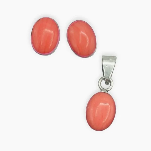 Coral Sterling Silver Earrings Pendant Light Orange Peach Cabochon Post‎