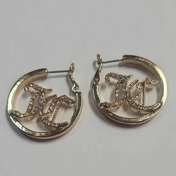 Juicy Couture Jewelry Gold Hoop Earrings Crystal Pave Logo JC  Clear Rhinestones