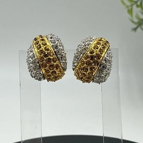 JOAN‎ RIVERS Vintage Topaz Clear Crystal Mixed Metal Clip On Earrings