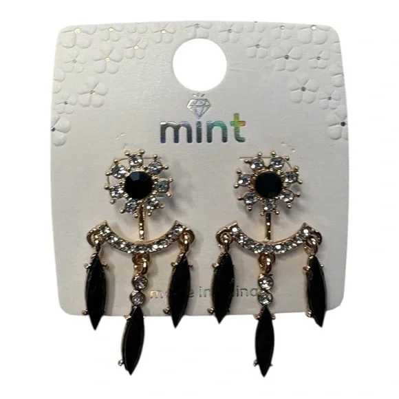 3/$25 Mint Black Gold Rhinestone Dangle Earrings