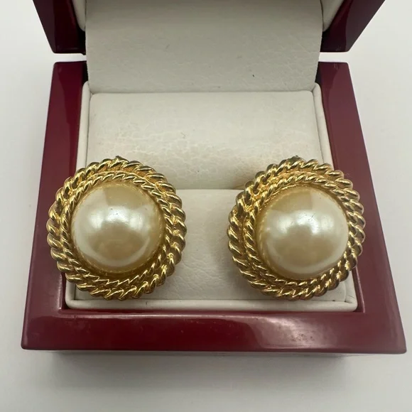 St. John Gold Tone Faux Pearl Clip On Earrings Double Rope Cabochon Round Vtg