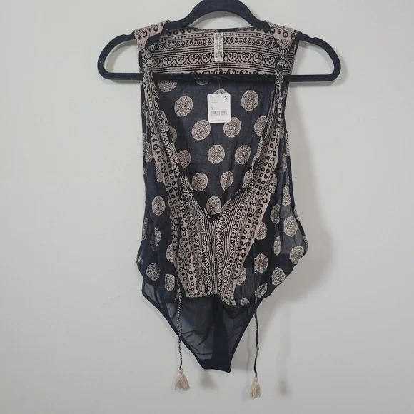 Free People Small Bodysuit Womens Black Beige Medallion Boho Tassel NEW