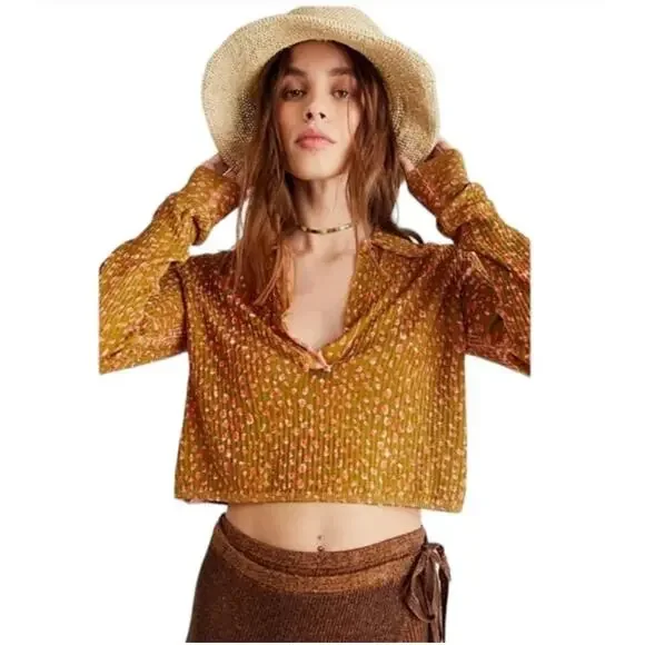 Free People Cherie‎ Moss Printed Cropped Knit Top