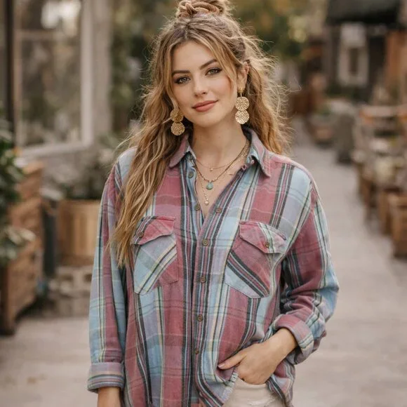 Free People Pink Blue Plaid Fringe Hem Button Shirt Womens Small Country Boho‎