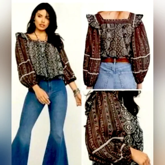 Free People Mostly Meadow Gray Multi  Floral Sleeve Crop Blouse with Relaxed Fit