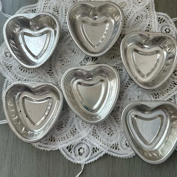 Vintage Aluminum Tiny Silver Heart Baking Jello Molds 3.25 inch Lot of 6