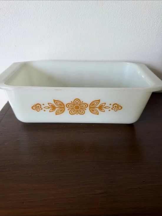 Pyrex Gold Butterfly Loaf Pan with Gold Floral Pattern