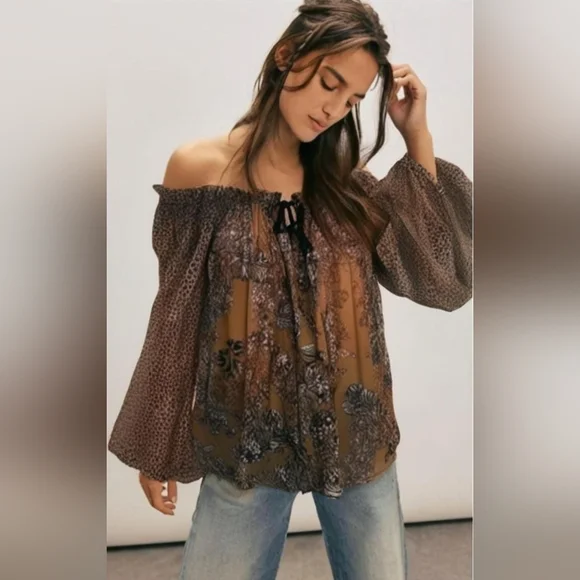 Free People Hendrix Brown Floral Boho Off-Shoulder Top