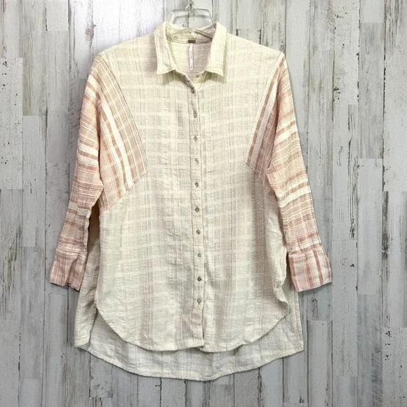 Free People Tunic Top Shirt S Gauzy Button Front Plaid Beachy Summer Boho Casual