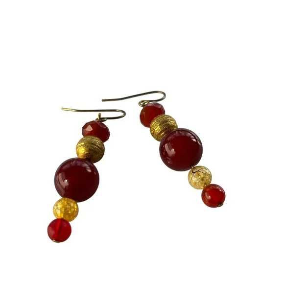 Vintage Drop‎ Earrings Red Gold Beaded Bohemian Statement Jewelry