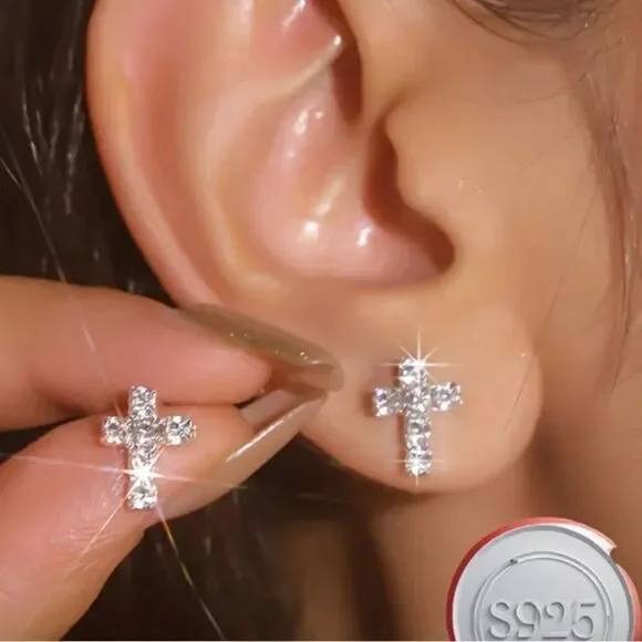 S925 Sterling Silver Sparkling Cross Earrings Timeless Shine Elegance