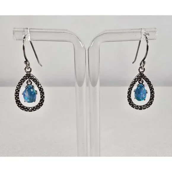 Sterling Silver 925 Synthetic Opal & Marcasite‎ Teardrop Earrings Pierced Hook