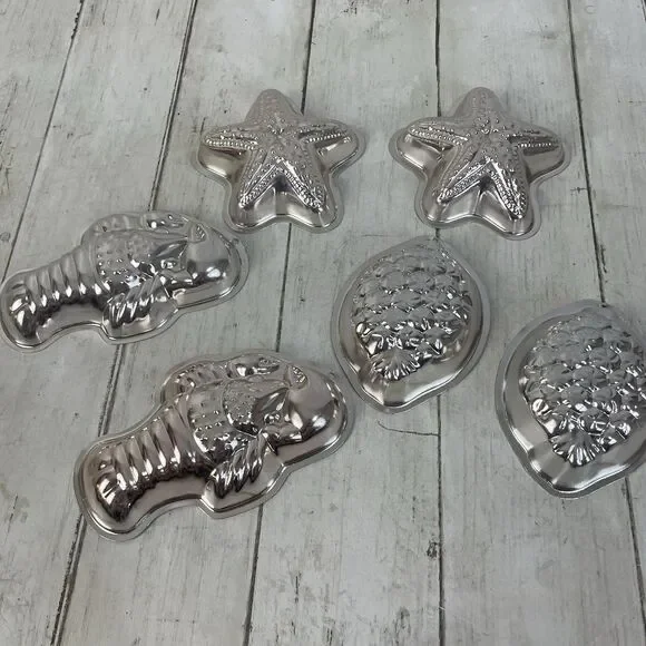 6 Vtg Lobster Starfish Sealife Molds Jello Kitchen Decor Metal Silver / Lt Pink