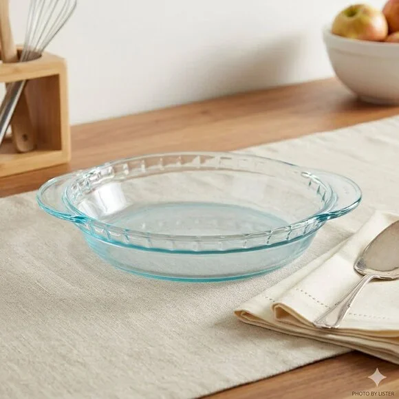 Vintage Pyrex 9.5” Round Fluted Pie Plate |  Retro Clear Glass Green Tint |  USA