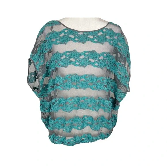 FREE PEOPLE Women Sheer Lace Country Fair Top Banded Waist Sz‎ S Teal 67-15