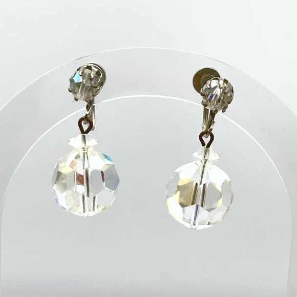 Vintage Aurora Borealis Crystal Screw Back Drop‎ Earrings Iridescent Silver Tone