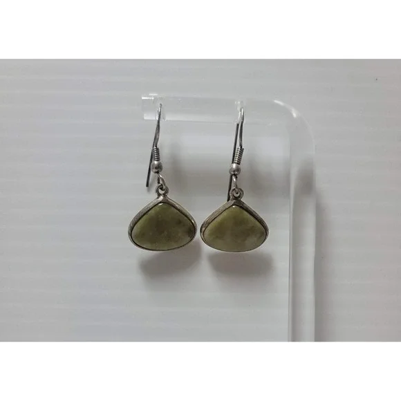Sterling Silver‎ Green Nephrite Jade Triangle Drop Earrings 925 Fishhook Dangle