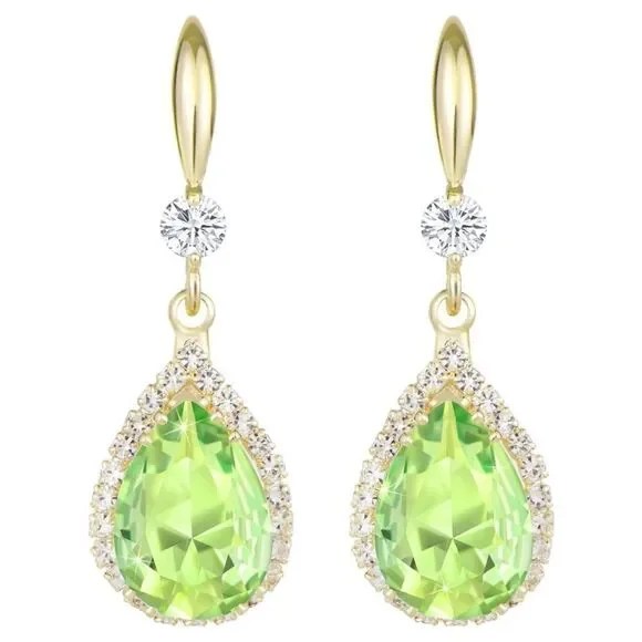 14K Yellow Gold with Peridot Green Cubic Zirconia Teardrop Hook Dangle Earrings