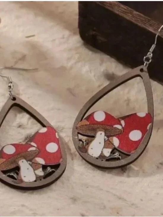 ⭐️❤️ FREE Mushroom Wood Wooden Hipster Hippie Art Plant Chic Drop Farm Earrings
