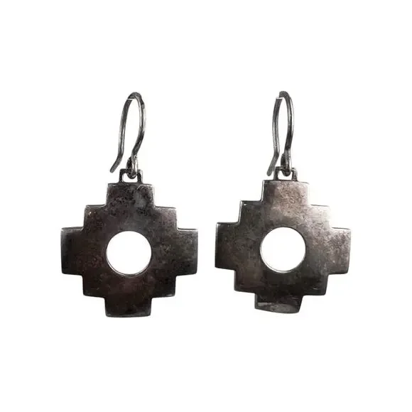 Vintage Sterling Silver Hook Pierced Earrings Chakana Cross Unmarked