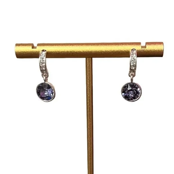 Silver Tone CZ And Purple Crystal Dangle Earrings