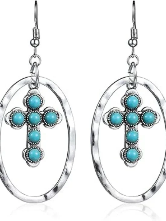 Turquoise and Silver‎ Tone Earrings Bohemian Cowgirl Western Chunky Statement