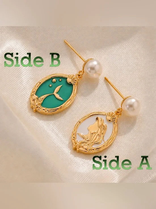 “Mermaid Profile & Tail” Pearl Cameo Silhouette Bubble Starfish Two-Way Earrings