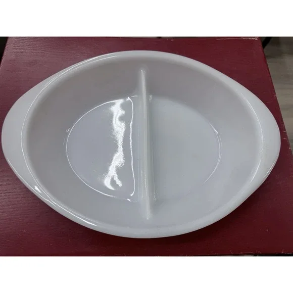 Vintage GLASBAKE White Milk Glass Oval Divided‎ Baking Serving Dish J-2352 USA