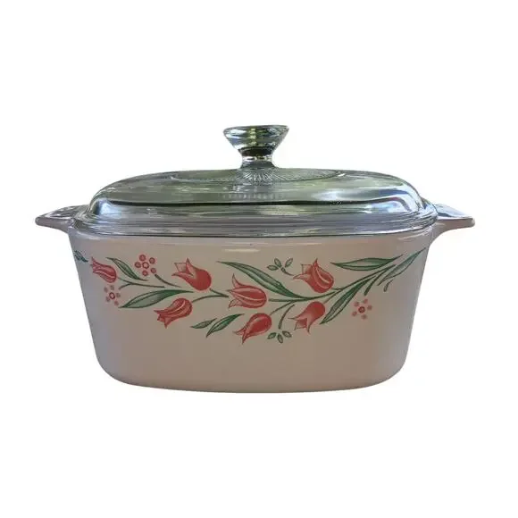 CorningWare A-1.5 Rosemarie Pattern Casserole Dish w Pyrex Lid Pink Tulip USA
