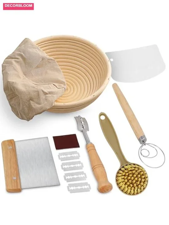 Round 9-inch Banneton Bread Proofing Basket Set with Lame, Dough Scraper, Linen