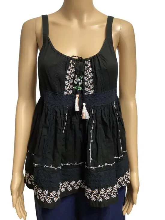 Free People Black Embroidered Babydoll Tank Top Lace Trim Tassel Tie Boho S