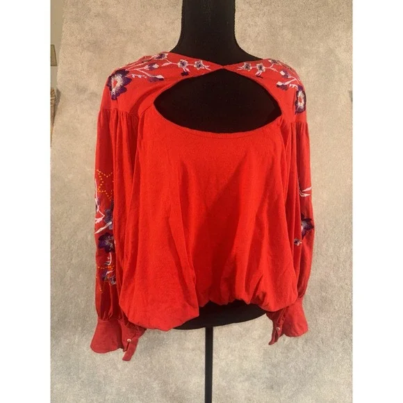 Free People‎ Lita Top Womens Small Floral Embroidery Cut Out Peasant Boho