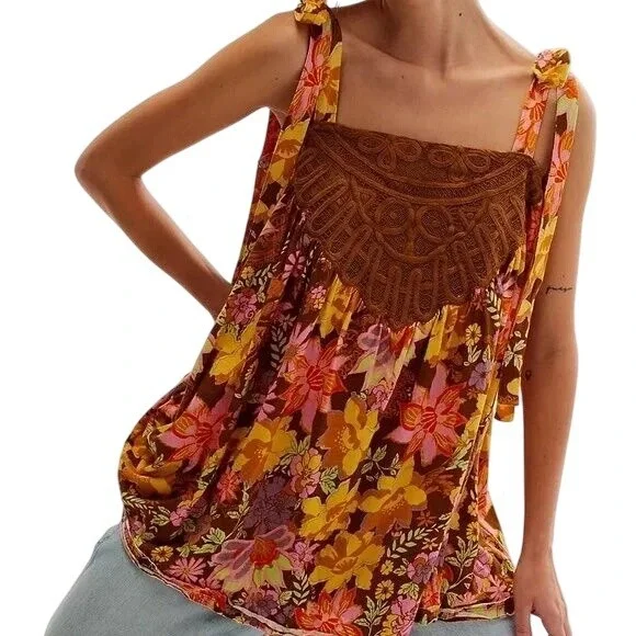 Free People Bali Moroccan Floral Tunic Top Crochet Tie Strap‎ Sleeveless Boho XS