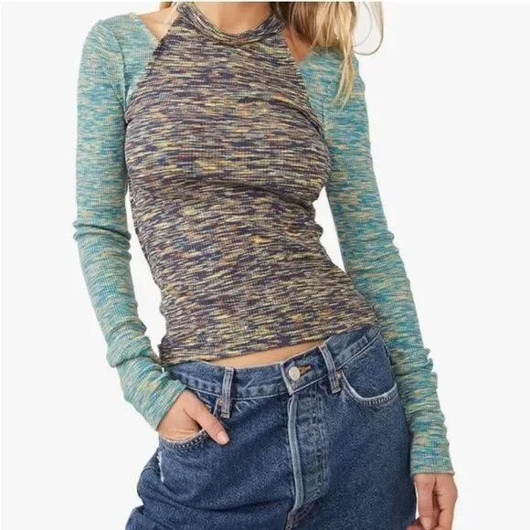Free People We the Free Out of Control Cold Shoulder Tee Top Long Sleeve Sz XS