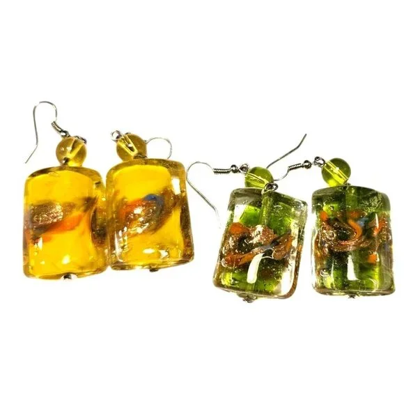 2 Vintage Earrings Hand Blown Art Glass Chunky Dangle With Hook Yellow‎ & Green