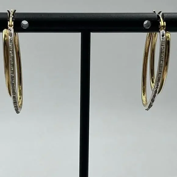 SLC Designer Sterling Silver Vermeil Pave Double‎ Hoop Pierced Earrings