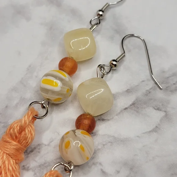 Handmade Tassel Earrings Peach Yellow Orange Glass Bead Boho Hippie Chic