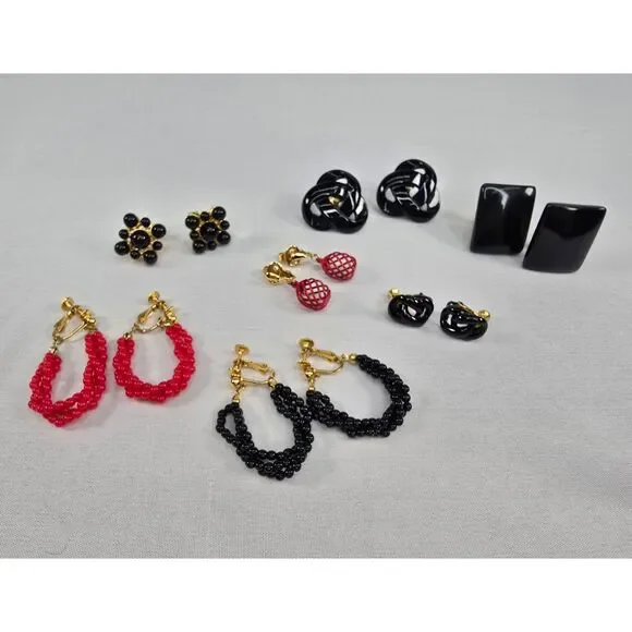 Black & Red‎ Gold Tone Lot of Vintage Clip-on Screw-Back Earrings Napier Trifari