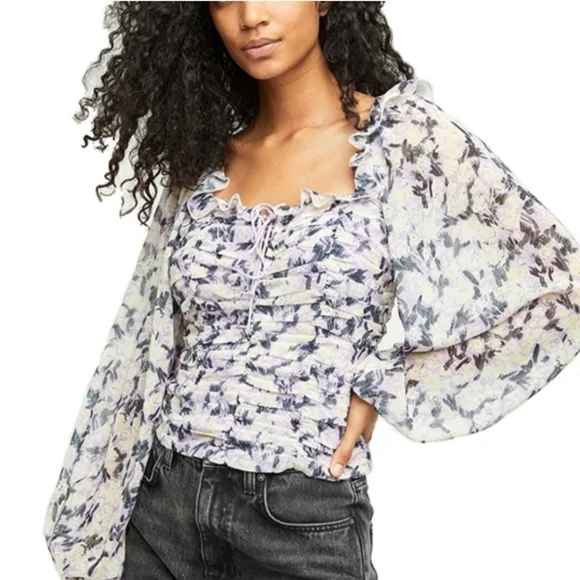New With Tags Free People Mabel Printed Blouse Long Sleeve Lilac Combo Top XS
