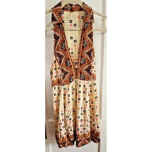 FREE PEOPLE women Rust print deep V neck‎ charlotte sleeveless tunic top Sz S