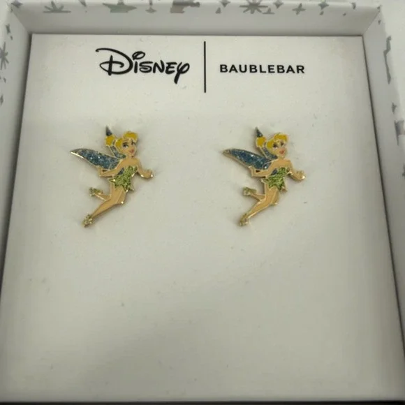 BaubleBar Disney Tinker Bell Enamel Glitter Stud Earrings Gold‎ Tone Fairy NEW