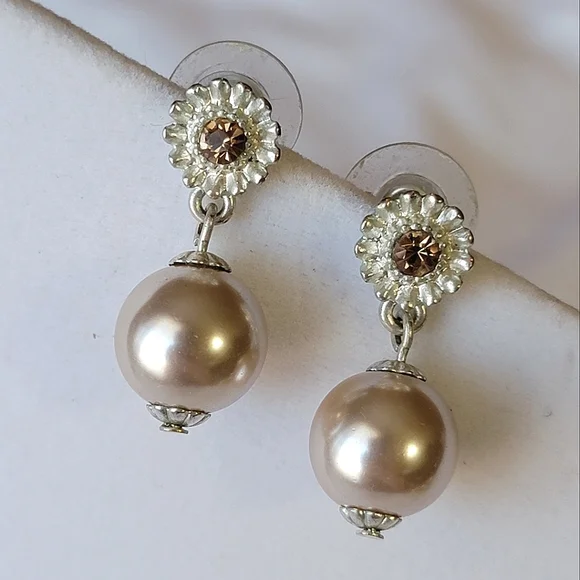 Champagne Faux Pearl and Rhinestone Sunflower Drop Earrings