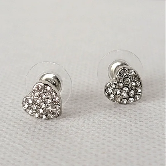 Rhinestone Pave Heart Earrings Silver Tone