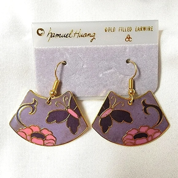 Vintage Samuel Huang Cloisonne Gold Filled Earrings Butterfly and flower