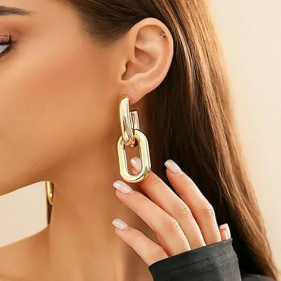 Chunky Cuban Dangle Earring Set Drop Earrings Fashion Statement Gold‎ Plated