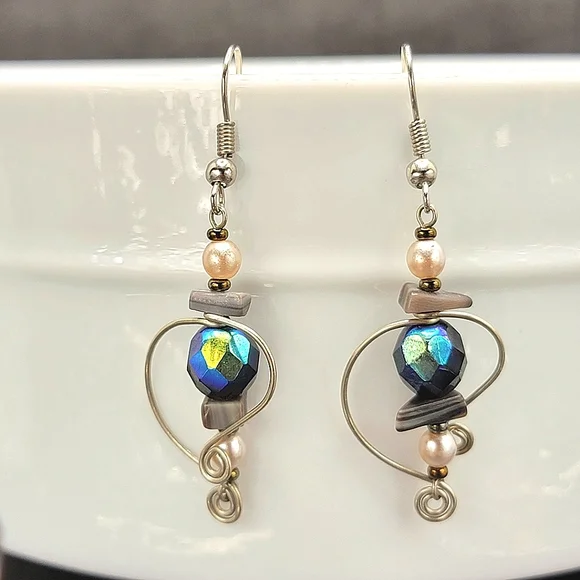 Handmade Wire wrapped Earrings Iridescent Bead Pearl and Stone