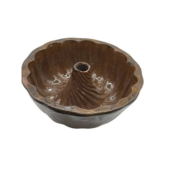Turk's Head Redware Cake Pudding Mold Brown Vintage Fluted Pottery Swirl Center